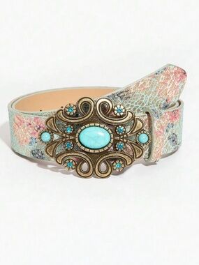 1pc Vintage Engraved Floral Pattern Colored Print PU Leather Belt